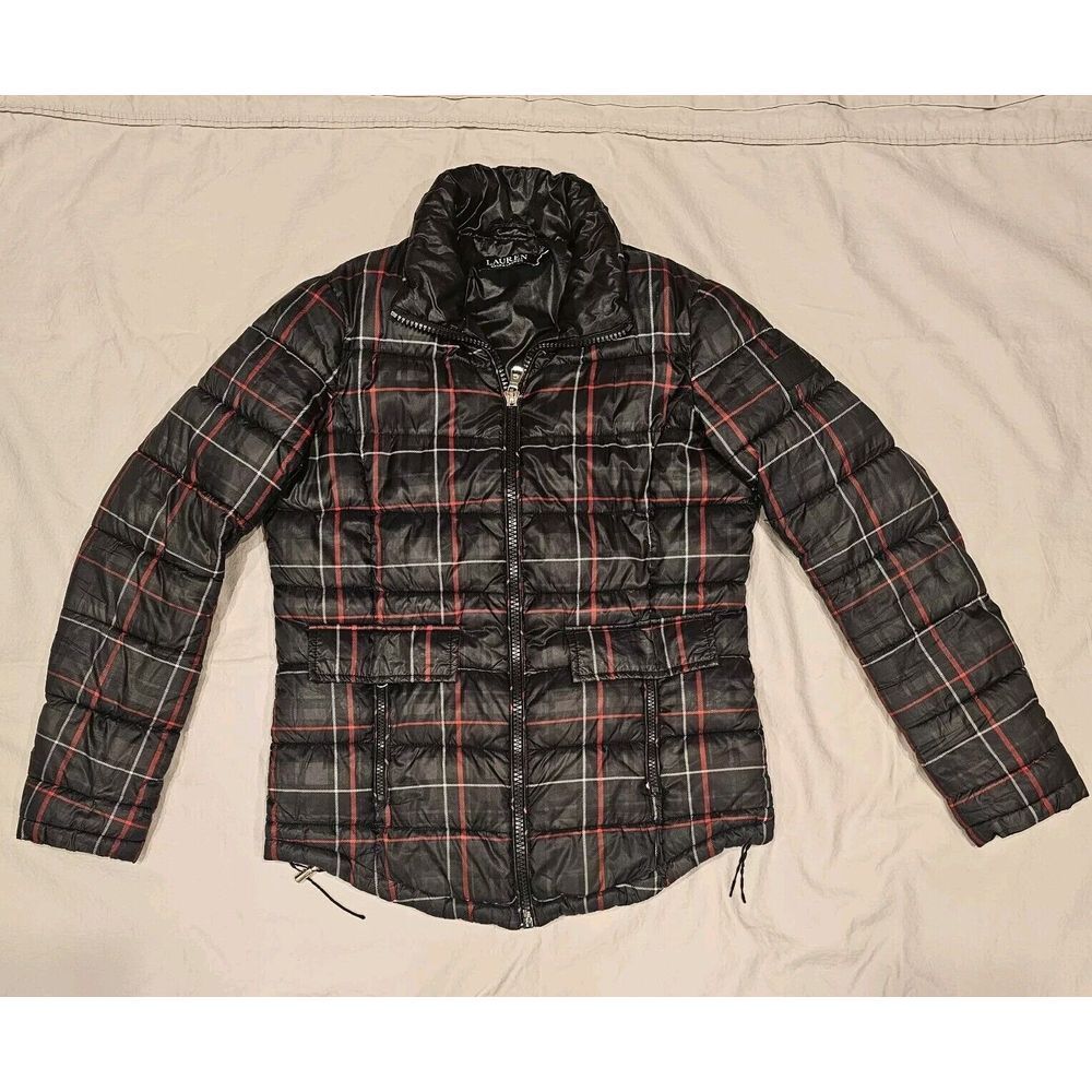 Lauren Ralph Lauren Full Zip Puffer Jacket Plaid Black Womens Size M